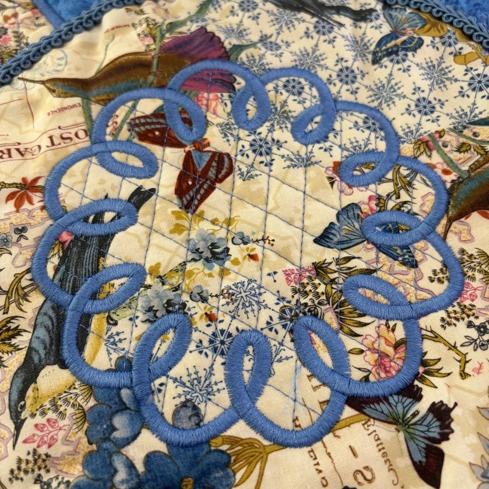 Handmade Reversible Quilted Round Table Topper Birds Butterflies Floral 25